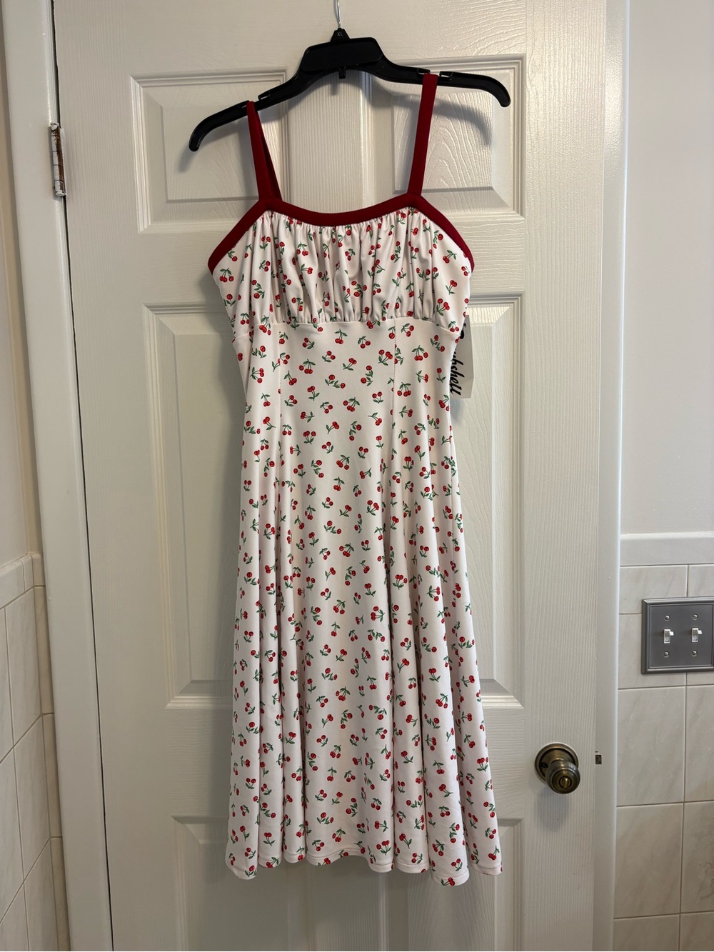 Bombshell rockabilly pin-up White Cherry-Print A-line Dress 50’s women’s large